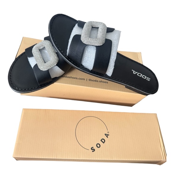 Soda Shoes - Soda Black Slide Sandals with Silver Rhinestone Buckles